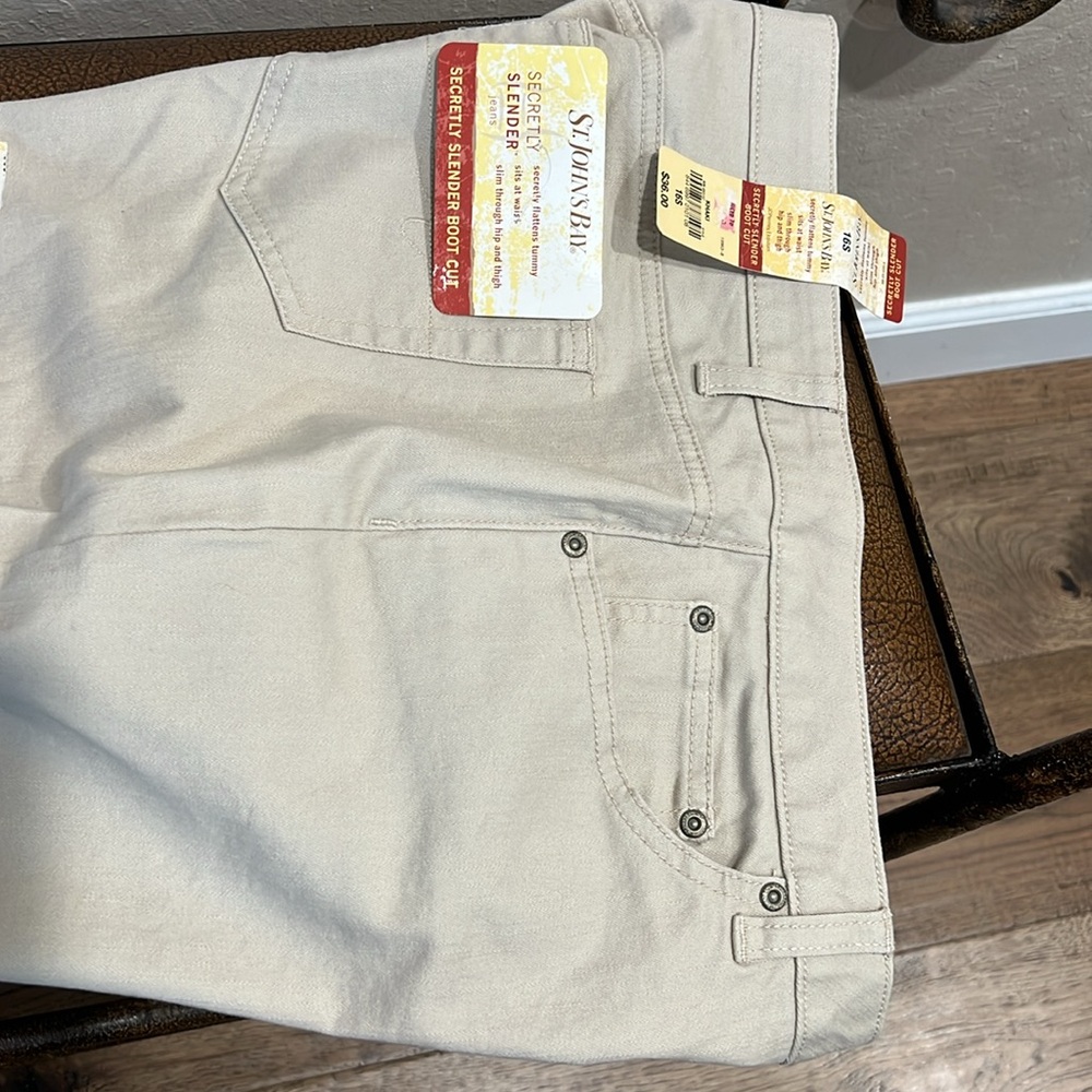 New St John’s Bay Secretly Slender Beige Bootcut Jeans slim through hip & thigh! - Picture 5 of 12